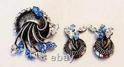 Rare Vintage French Silver Plate Blue & Clear Rhinestone Brooch and Earrings Set