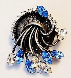 Rare Vintage French Silver Plate Blue & Clear Rhinestone Brooch and Earrings Set