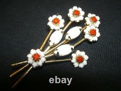 Rare Vintage Hobe Red White Milk Glass Rhinestone Flower Bouquet 2 Brooch Pin
