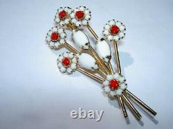 Rare Vintage Hobe Red White Milk Glass Rhinestone Flower Bouquet 2 Brooch Pin