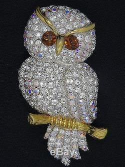 Rare Vintage Joan Rivers Full Pave Rhinestone Crystal Snowy Owl Pin Brooch 3