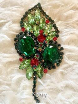 Rare Vintage Juliana D&E Christmas Floral Red & Green Rhinestone Brooch Pin
