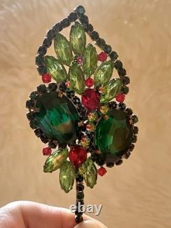 Rare Vintage Juliana D&E Christmas Floral Red & Green Rhinestone Brooch Pin