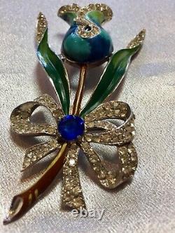 Rare Vintage Large Enamel Rhinestone Crystals Signed Coro 4 Flower Brooch Pin