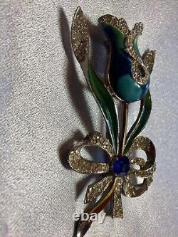 Rare Vintage Large Enamel Rhinestone Crystals Signed Coro 4 Flower Brooch Pin