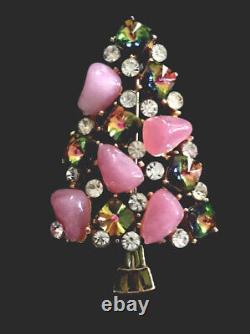 Rare! Vintage Mylu Watermelon Rhinestone & Pink Stones Christmas Tree Brooch Pin