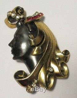 Rare Vintage Rhinestone Show Girl Brooch Pin LARGE Figural DECO Face