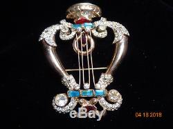 Rare Vintage Signed Coro Craft Sterling Carnegie Hall Jeweled Harp Brooch Pin