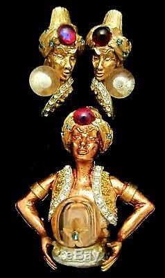 Rare Vintage Signed HAR Jeweled Genie Fortune Teller Brooch & Earring Set M6