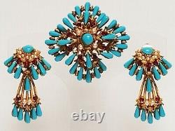 Rare Vintage Signed HAR Turquoise Glass & RS Articulated Earrings & Brooch Demi