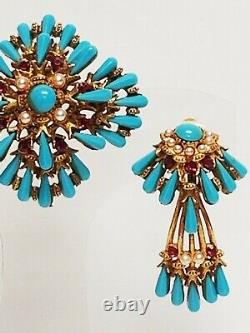 Rare Vintage Signed HAR Turquoise Glass & RS Articulated Earrings & Brooch Demi