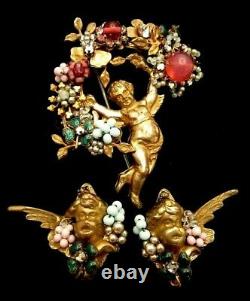 Rare Vintage Signed Miriam Haskell Gilt Jeweled Cherub Brooch Pin & Earrings Set