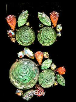 Rare Vintage Signed Schiaparelli Glass Rosettes Rhinestone Brooch Earrings A10