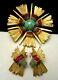 Rare Vintage Signed Schiaparelli Turquoise Red Rhinestone Brooch Earring Set A9