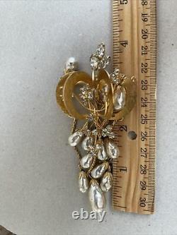 Rare Vintage Vendome Brooch pin Large 4.5 Dangle faux pearls Rhinestones 3D 1