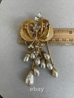 Rare Vintage Vendome Brooch pin Large 4.5 Dangle faux pearls Rhinestones 3D 1