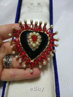 Rare Vtg 1950s Unsigned Chanel Heart Pin Red Rhinestone Glass Pearl Brooch WOW