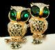 Rare Vtg 2 Signed Coro Enamel Green Rhinestone Owl Brooch Fur Clips Duette A30
