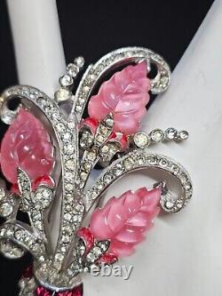 Rare Vtg MAZER Signed Pink Glass Flower Bouquet Fur Clip Brooch Pin