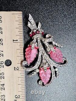 Rare Vtg MAZER Signed Pink Glass Flower Bouquet Fur Clip Brooch Pin