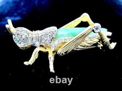 Rarest Vintage Nettie Rosenstein Grasshopper Peking Jade Glass Rhinestone Brooch