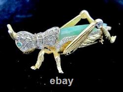 Rarest Vintage Nettie Rosenstein Grasshopper Peking Jade Glass Rhinestone Brooch