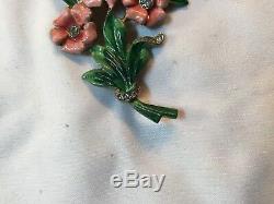 Ravishing Vintage Signed Reja Enamel & Rhinestone Flower Brooch Pin