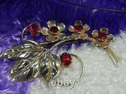Red Rhinestone gold washed Vermeil 0.925 Sterling Silver Vintage Brooch Pin