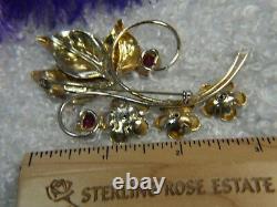 Red Rhinestone gold washed Vermeil 0.925 Sterling Silver Vintage Brooch Pin