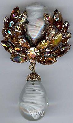 Regency Large Vintage Art & Faceted Glass Rhinestone Dangle Pin Brooch