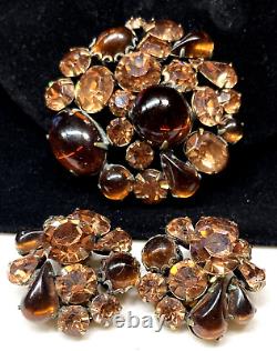 Regency Set Brooch Earrings Rare Vintage Gilt Brown Glass R/S Unsigned A58