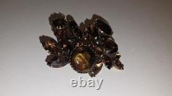 Regency Signed 1960's Vintage Amber Glass Rhinestone Brooch