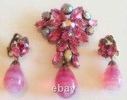 Regency Signed Vintage Rhinestone Pink Art Glass Dangle Brooch Earring Set