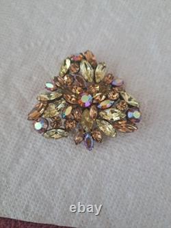 Regency Vintage 1950's Rhinestone Pin Brooch Amber Gold Carnival Glass Brooch