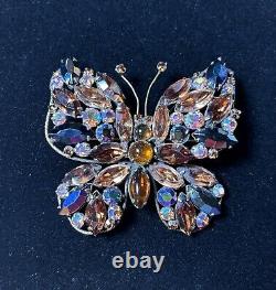 Regency Vintage Multi Color Rhinestone Prong Set Large Butterfly Brooch