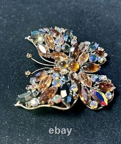 Regency Vintage Multi Color Rhinestone Prong Set Large Butterfly Brooch