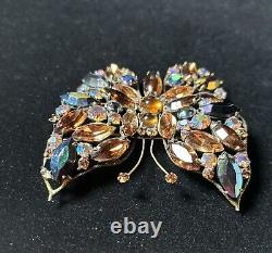 Regency Vintage Multi Color Rhinestone Prong Set Large Butterfly Brooch