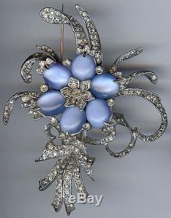 Reinad Large Vintage Rhinestone Blue Glass Moonstones Pin Brooch