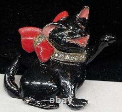 Reja Signed Brooch Rare Vintage Enamel Rhinestone Black Cat 2 Pin A20