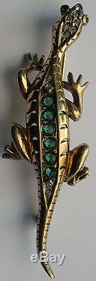 Reja Vintage Sterling Rhinestone Faceted Green Glass Lizard Pin Brooch