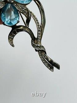 Reja Vintage Sterling Silver Rhinestone & Blue Glass Flower Brooch Pin
