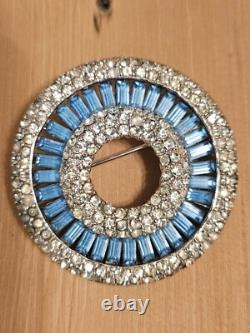 Rhinestone Brooch Pin Round Circle Blue Baguette Vintage Style Jewelry