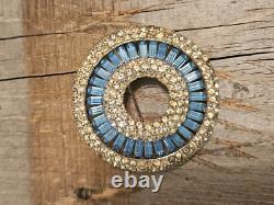 Rhinestone Brooch Pin Round Circle Blue Baguette Vintage Style Jewelry