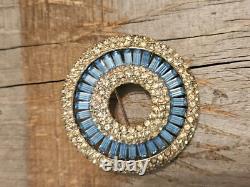 Rhinestone Brooch Pin Round Circle Blue Baguette Vintage Style Jewelry