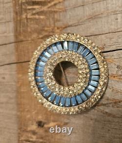 Rhinestone Brooch Pin Round Circle Blue Baguette Vintage Style Jewelry