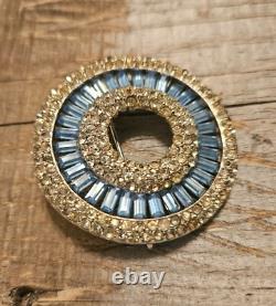 Rhinestone Brooch Pin Round Circle Blue Baguette Vintage Style Jewelry