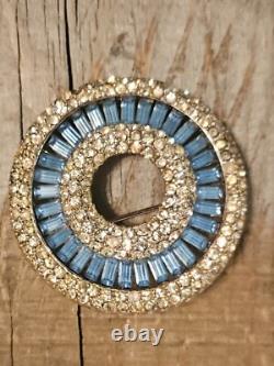 Rhinestone Brooch Pin Round Circle Blue Baguette Vintage Style Jewelry