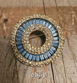 Rhinestone Brooch Pin Round Circle Blue Baguette Vintage Style Jewelry