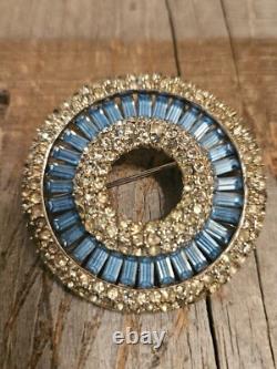 Rhinestone Brooch Pin Round Circle Blue Baguette Vintage Style Jewelry