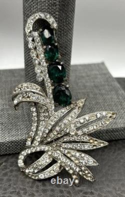 Roth-Feder Vintage Pot Metal Rhinestone Brooch Green Faux Emerald Art Deco READ